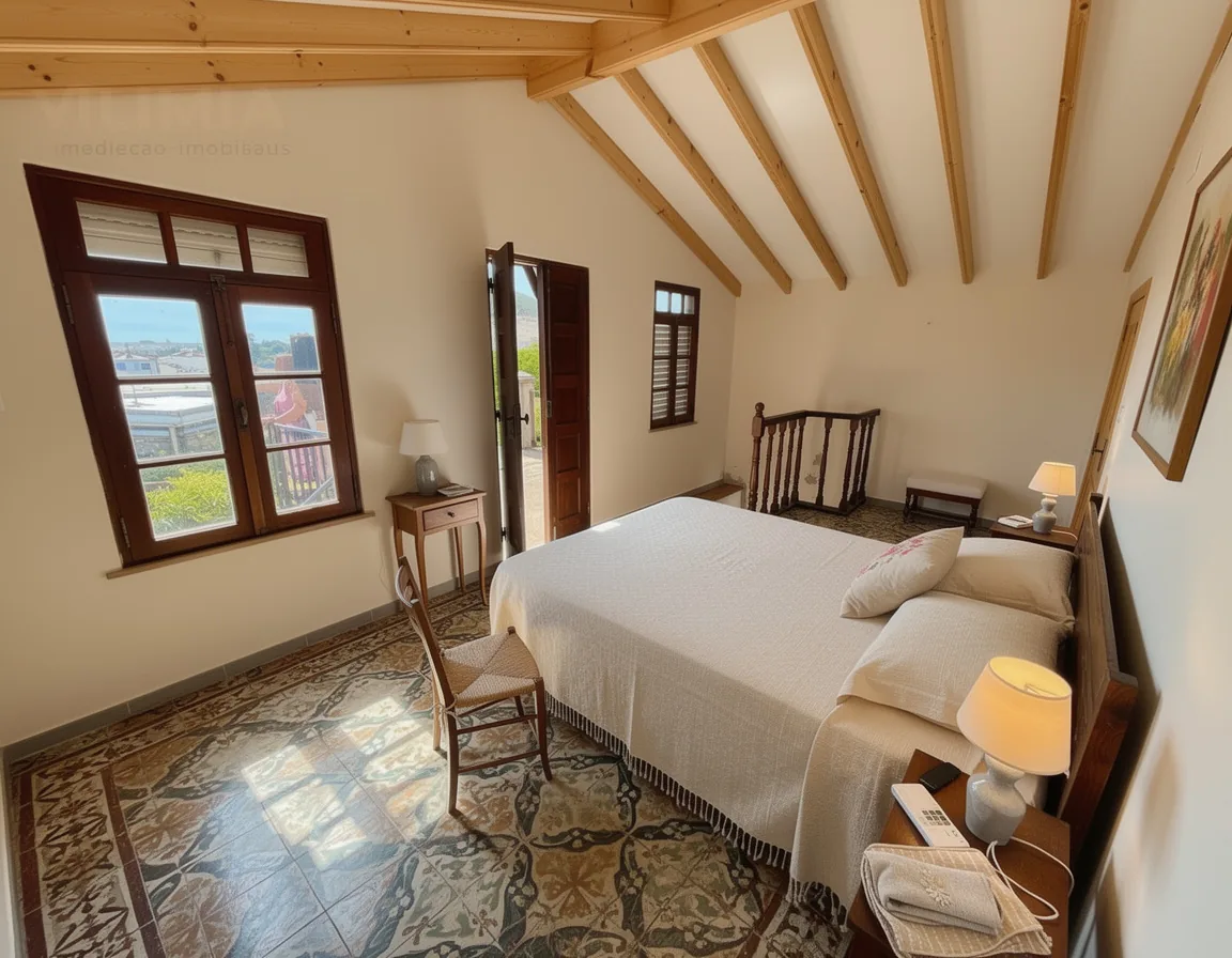 Guest house bedroom under sloped wooden roof beams, with a view over the rooftops