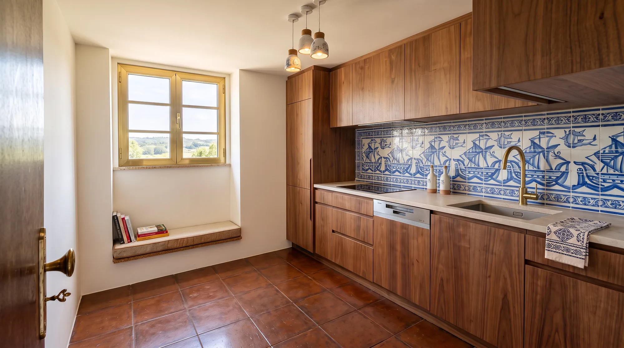 Guest house kitchen with walnut cabinetry and a hand-painted blue and white azulejo panel of sailing ships