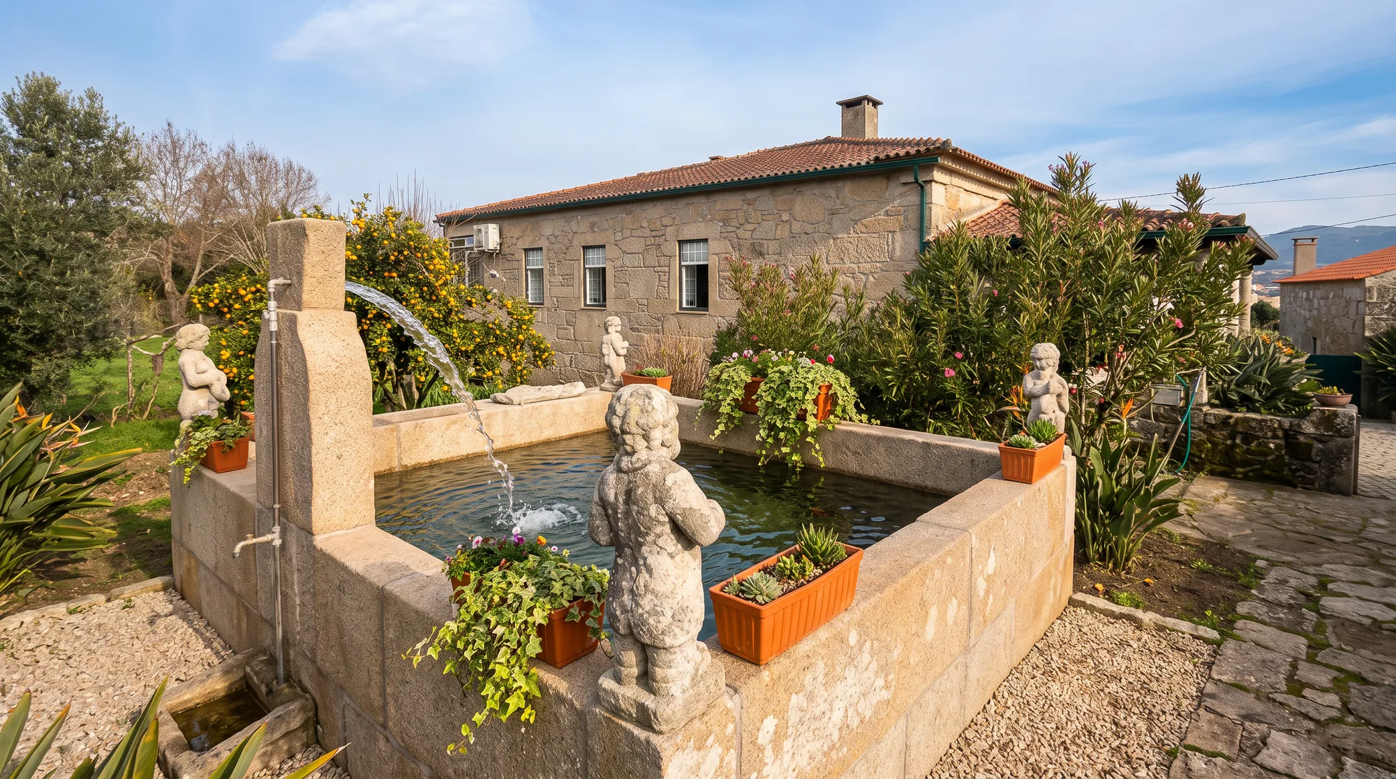 Carved granite fountain with cherub statues and running water, surrounded by citrus trees and flowers, in front of the stone house