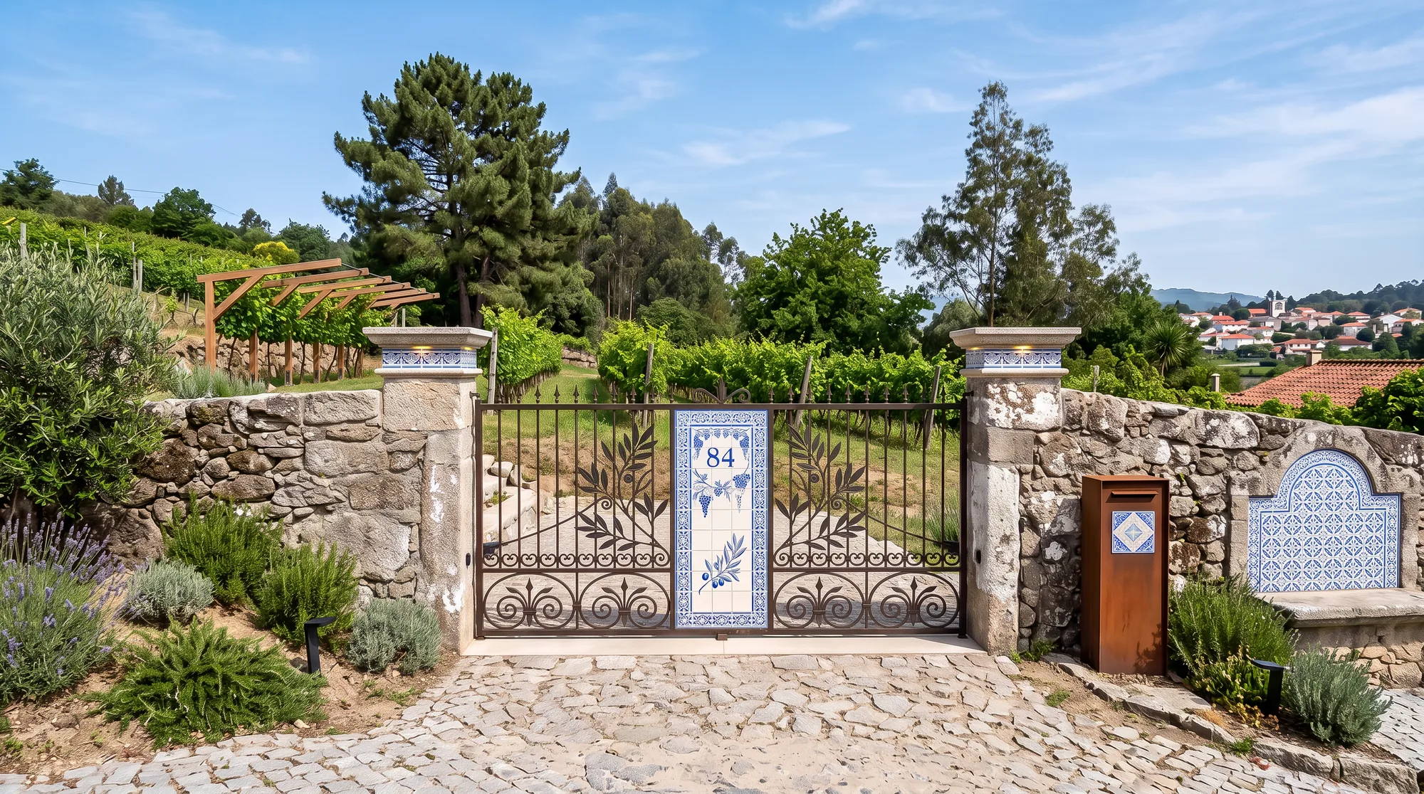 Wrought-iron entrance gate with a blue and white azulejo tile panel numbered 84, set into a granite wall with vineyard behind