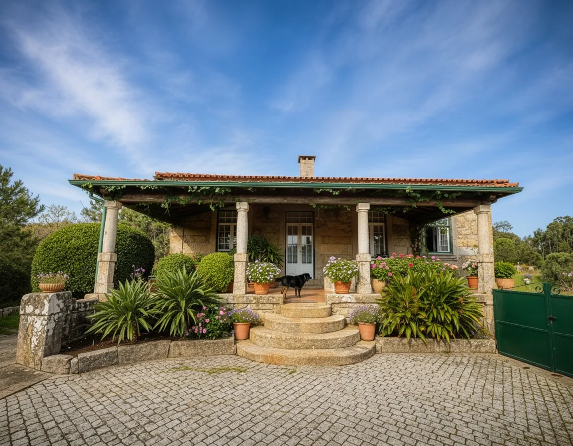 Front porch of a single-storey wing of the house, with granite columns, steps, potted flowers, and a black dog