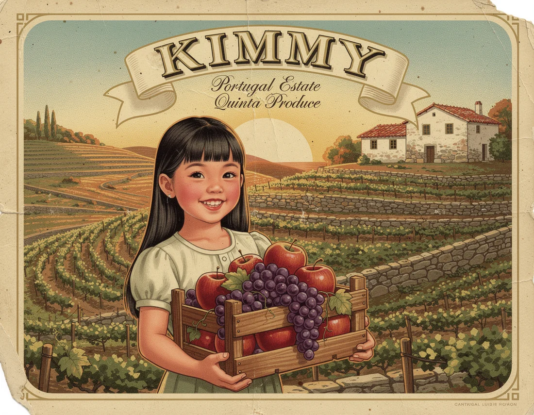 A vintage-style fruit crate label reading Kimmy, Portugal Estate Quinta Produce, illustrated with a girl holding a crate of apples and grapes in front of the quinta and vineyard
