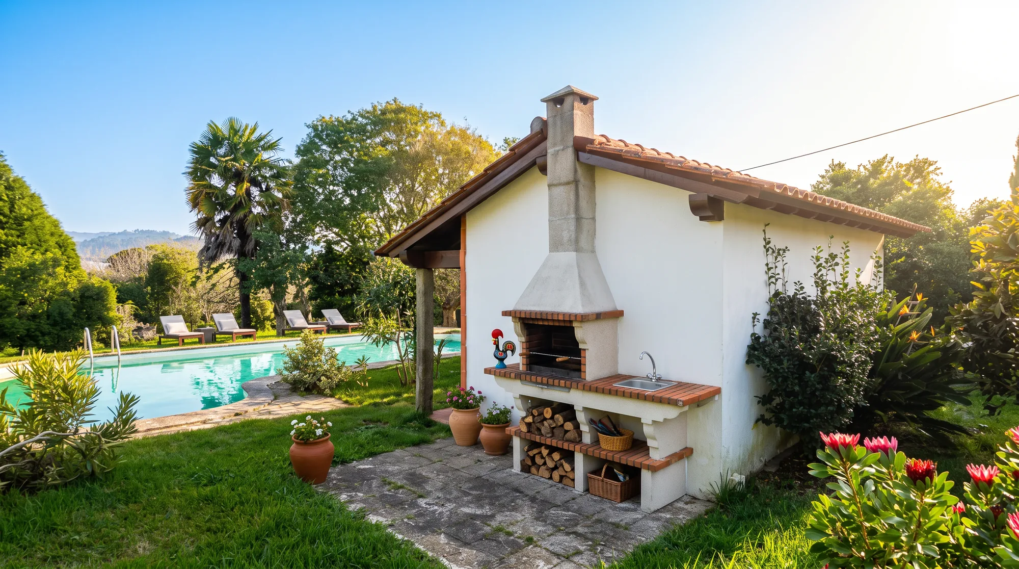 Whitewashed pool house with a wood-fired outdoor grill, sink, and stacked firewood, beside the pool