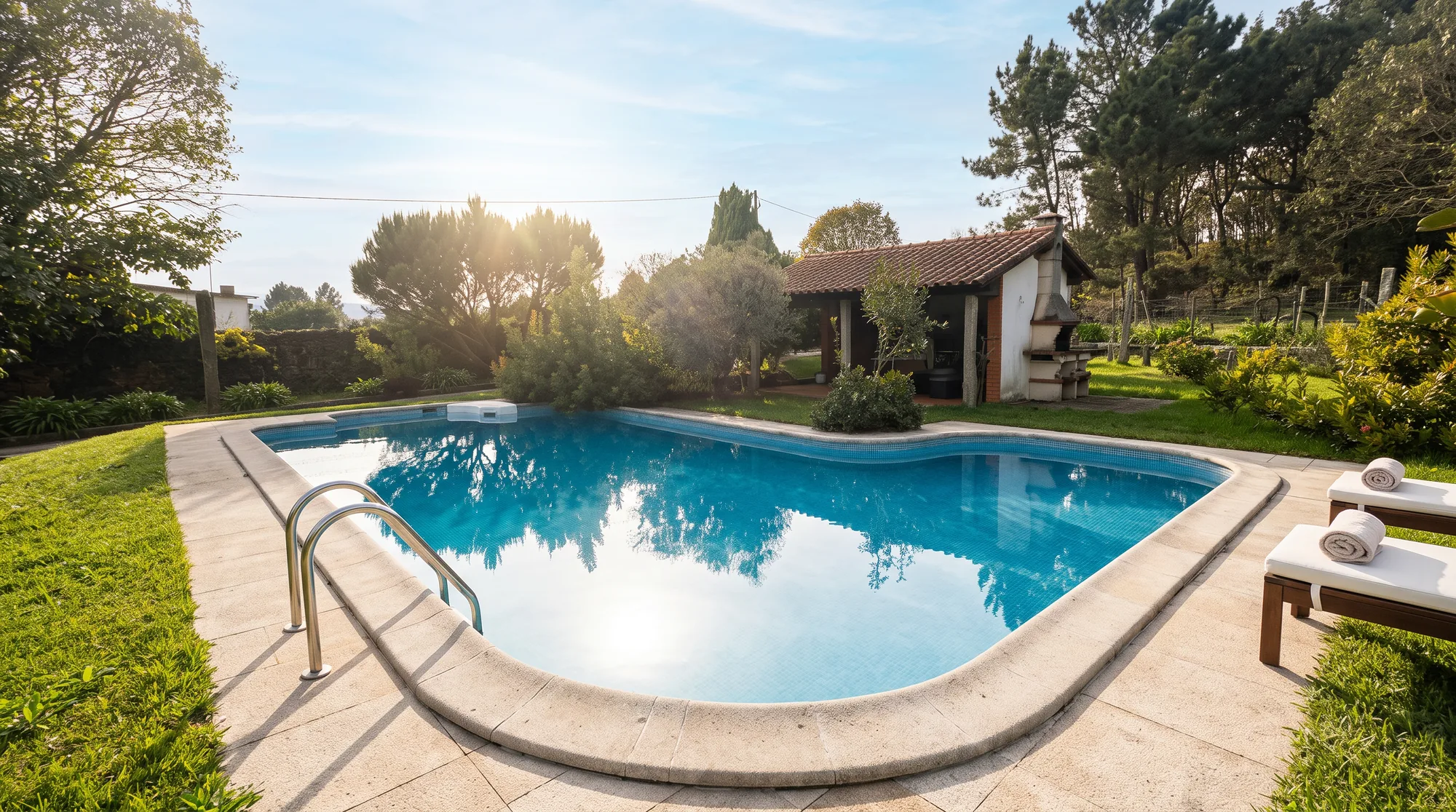 Swimming pool with lawn, garden, and pool house, seen at sunrise