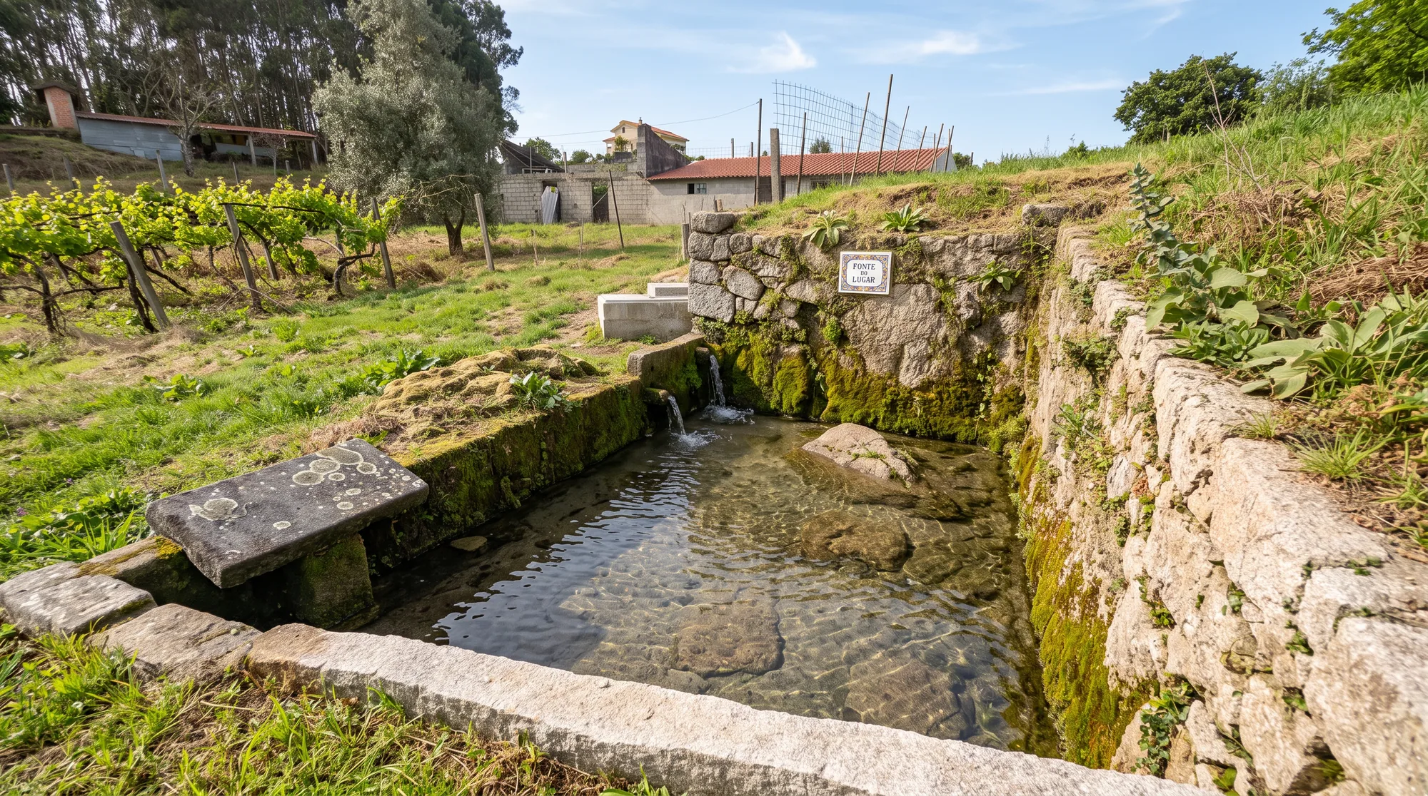 Stone-lined water mine labelled Fonte do Lugar, centuries old, with clear running water, set in the vineyard above the house