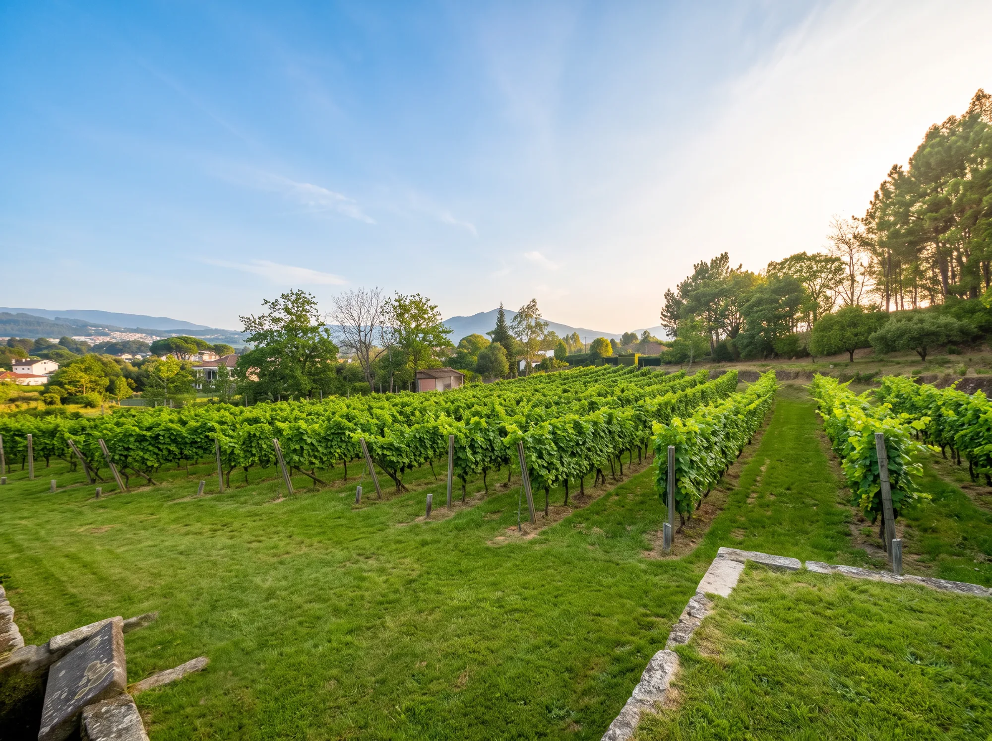 Rows of vinho verde vines climbing the hillside above the house, with the valley toward Ponte de Lima visible beyond the trees